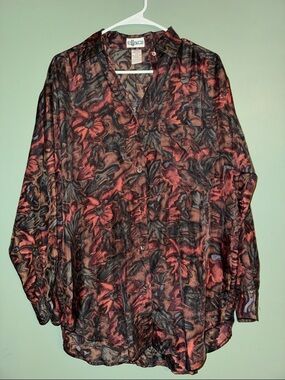 Oversized Vintage 100% Silk Punch Button Down Blouse Earthy Natural Colors
